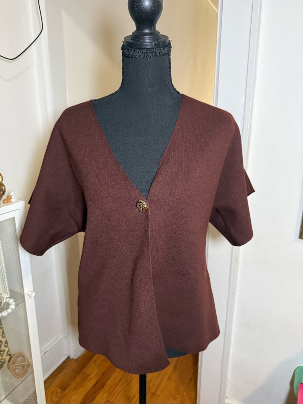 Primark Brown V-Neck Short Sleeve Cardigan with Decorative Button